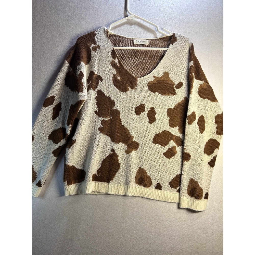 Peach Love Cow Print V-Neck Open-Knit Acrylic Pullover Sweater Ivory/Brown S